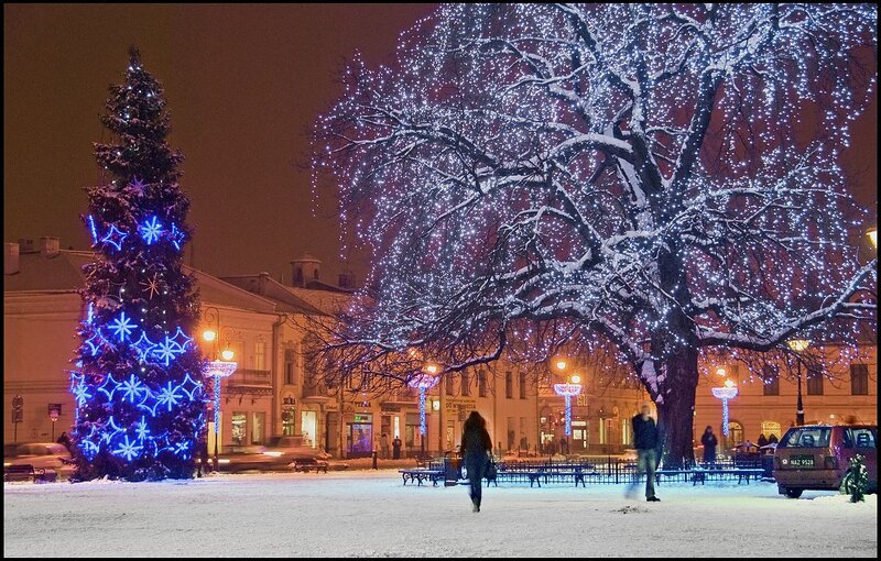 Decorated Tree in Snow — Blue, Festive