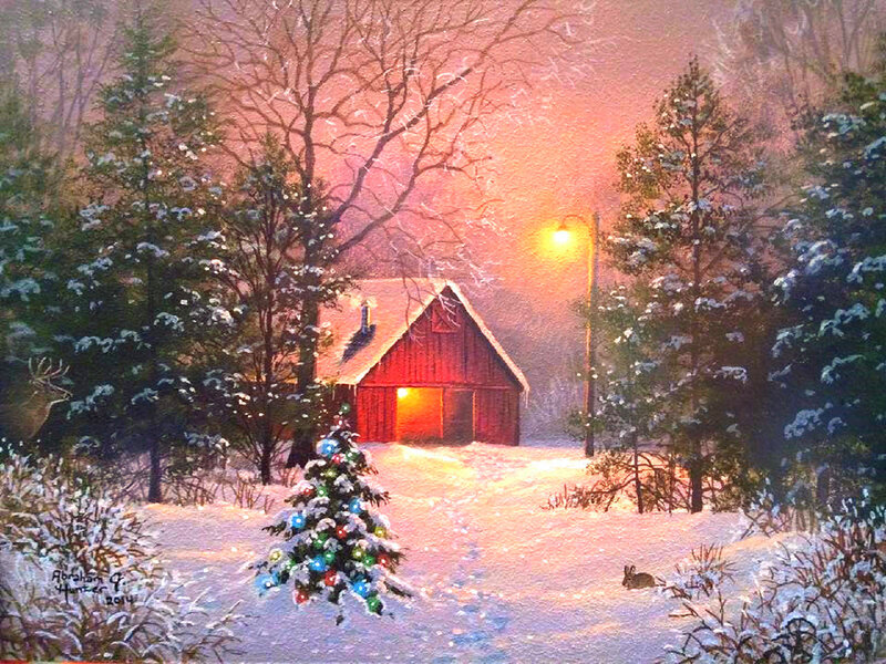 Decorated Tree in Snow — Red, Peaceful