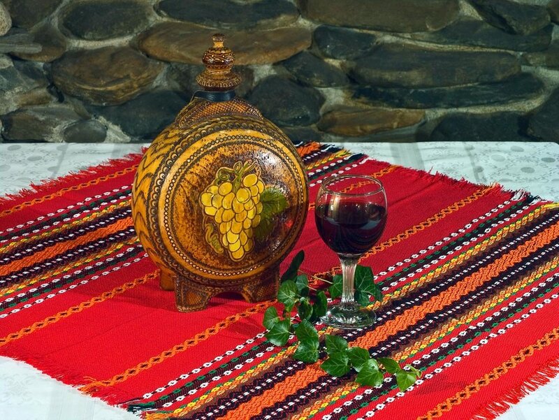Decorated Wine Jug and Glass