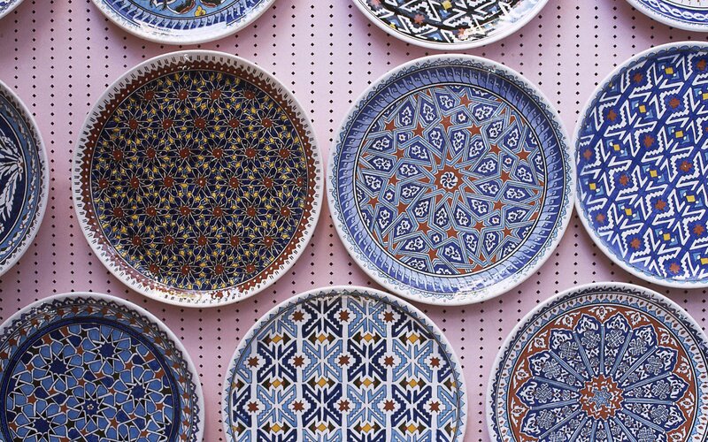 Decorative ceramic plates on display