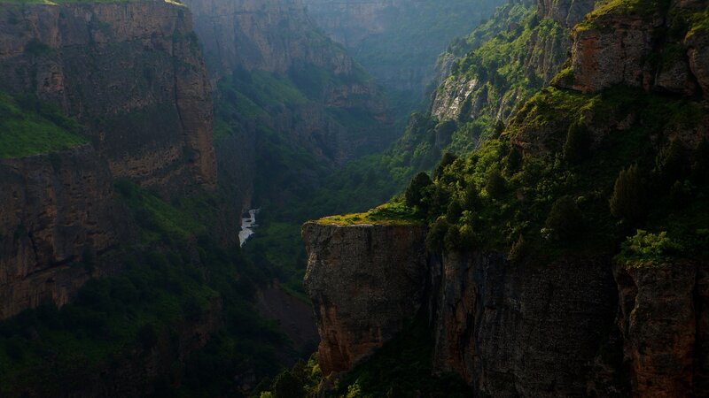Deep Canyon with River — Green, Dramatic, Morning