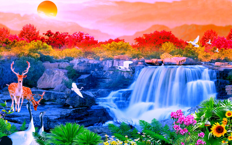 Deer and Birds at Waterfall