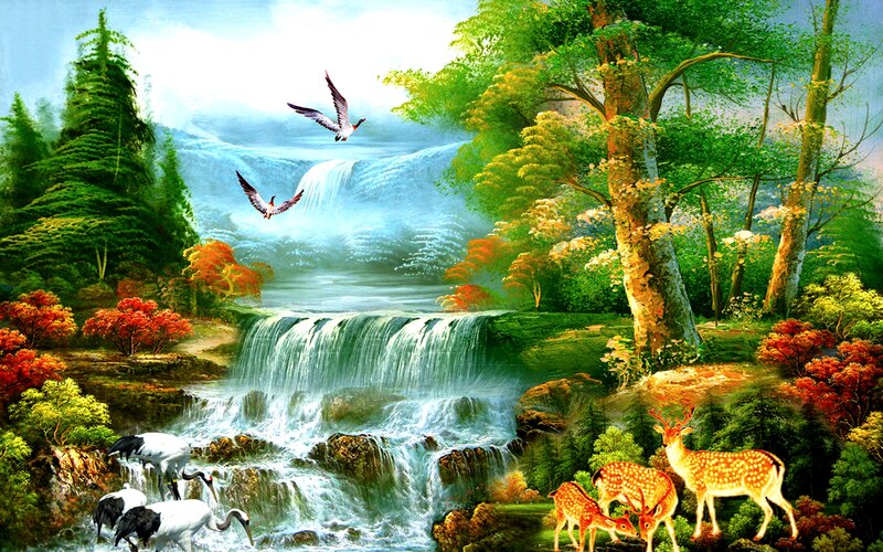Deer and Birds by Waterfall