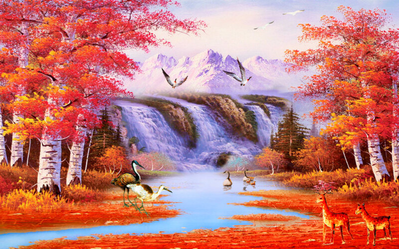 Deer and Birds in Forest