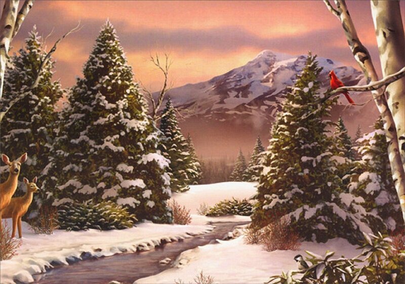 Deer and Cardinal in Winter