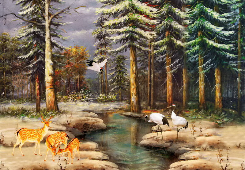 Deer and Cranes in Forest