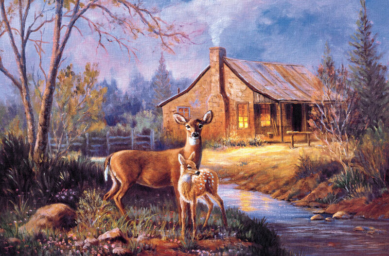 Deer and Fawn by Cabin