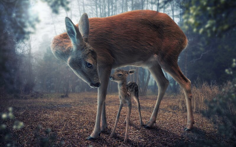 Deer and Fawn in Forest — Brown