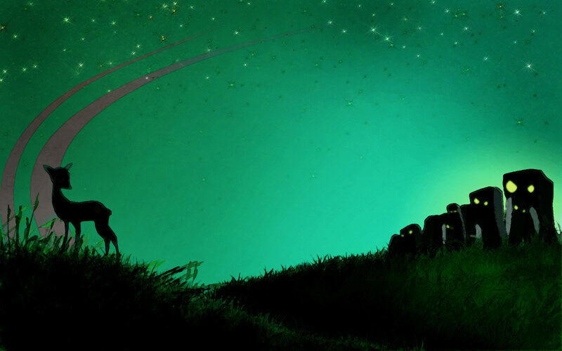 Deer and glowing creatures under stars