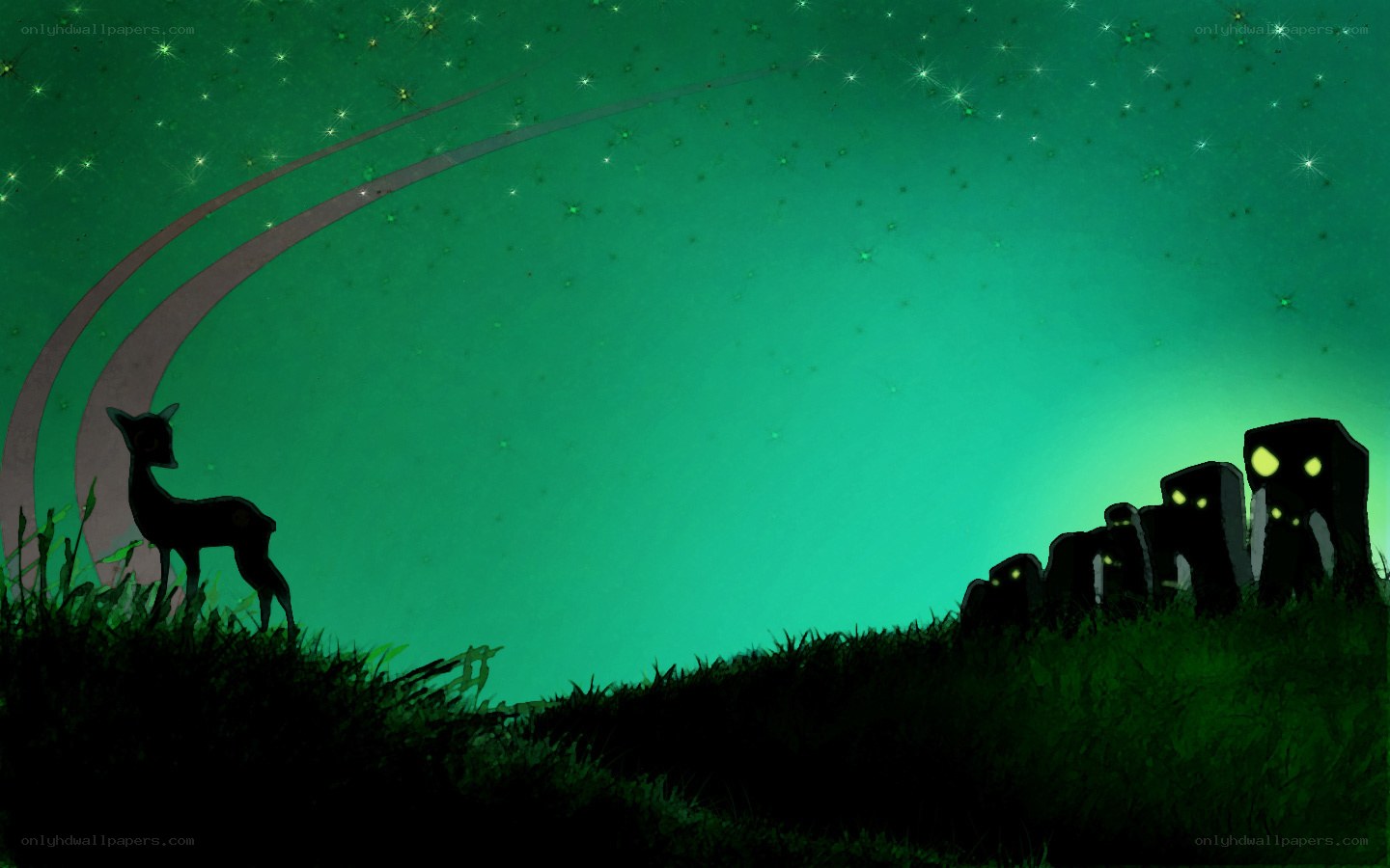 Deer and glowing creatures under stars