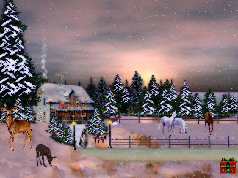 Deer and Horses in Snow
