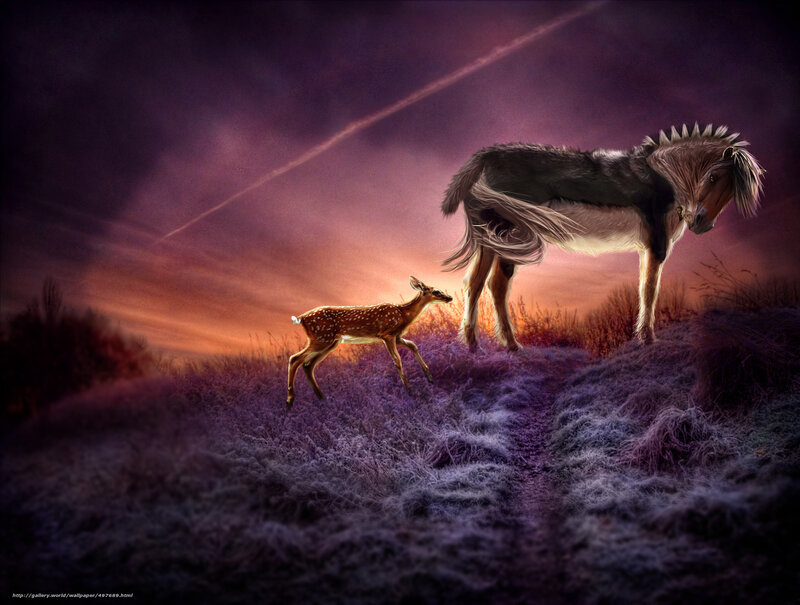 Deer and mythical horse at dusk