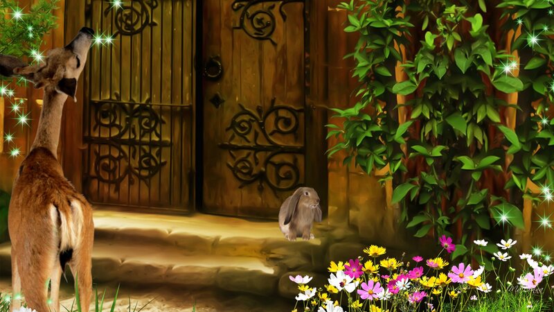 Deer and Rabbit in Garden