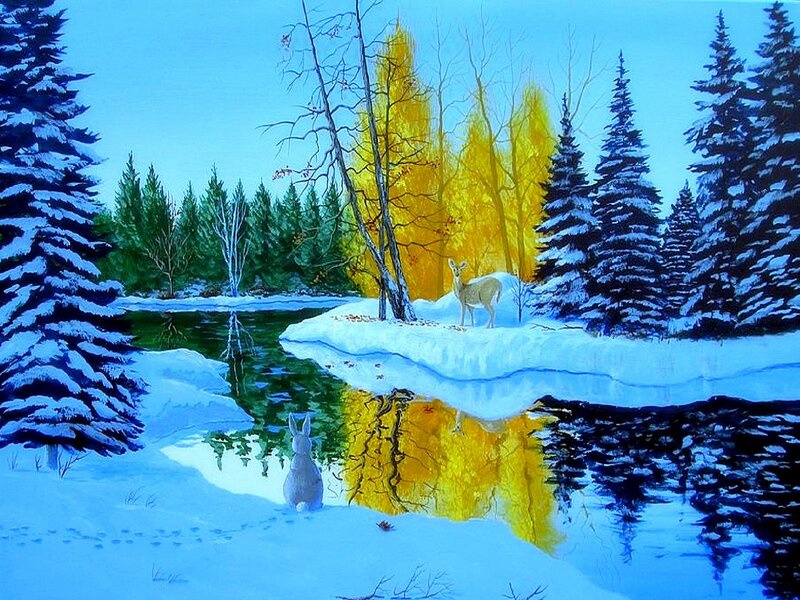 Deer and Rabbit in Snow — Blue