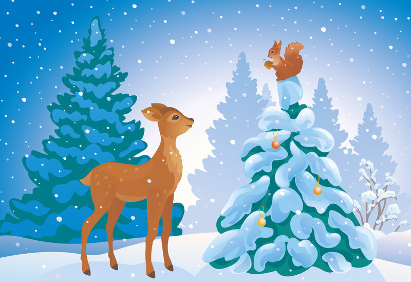 Deer and Squirrel in Snow