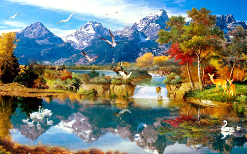 Deer and Swans in Forest