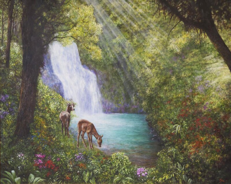 Deer at Waterfall — Green
