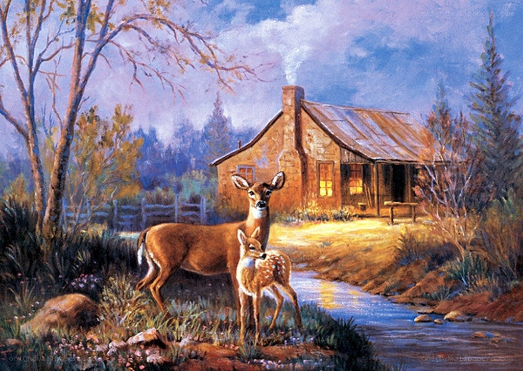 Deer by a Cabin at Dusk