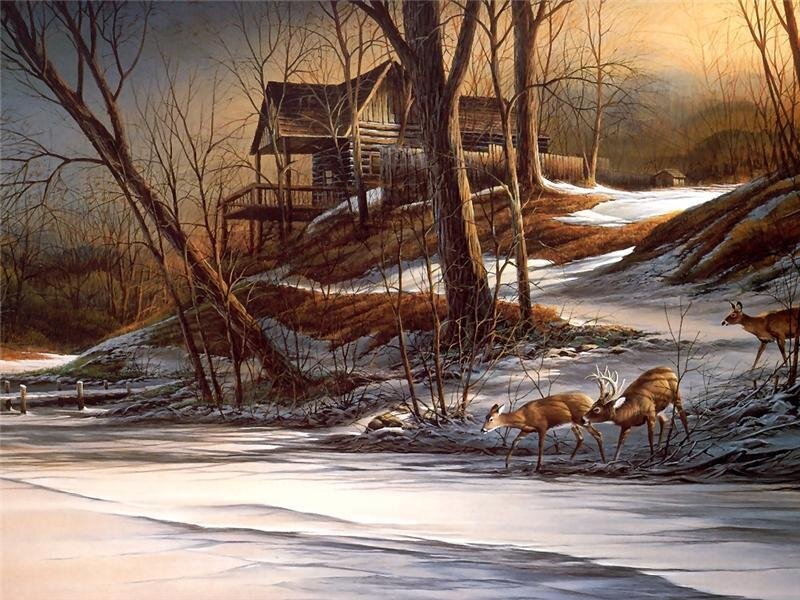 Deer by a frozen river