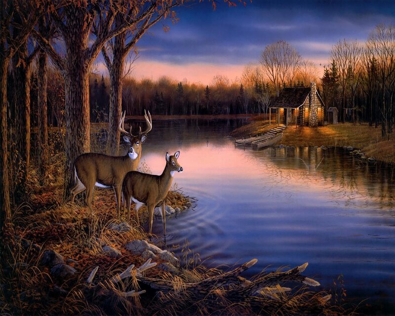Deer by a Lake — Blue, Serene, Sunset