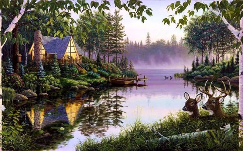 Deer by a Lake — Green, Serene