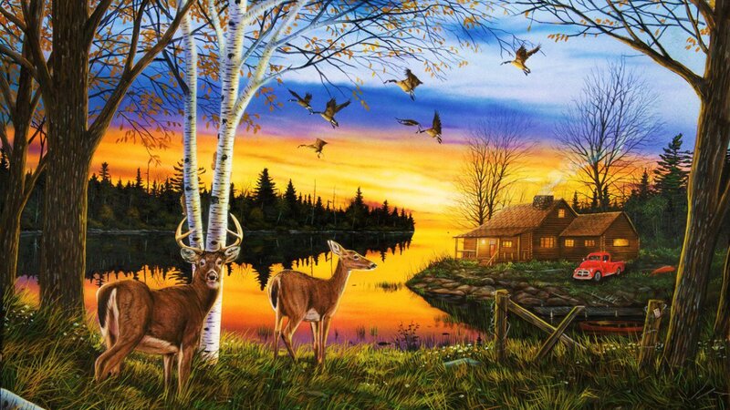 Deer by a Lake — Orange, Serene, Sunset, Painting