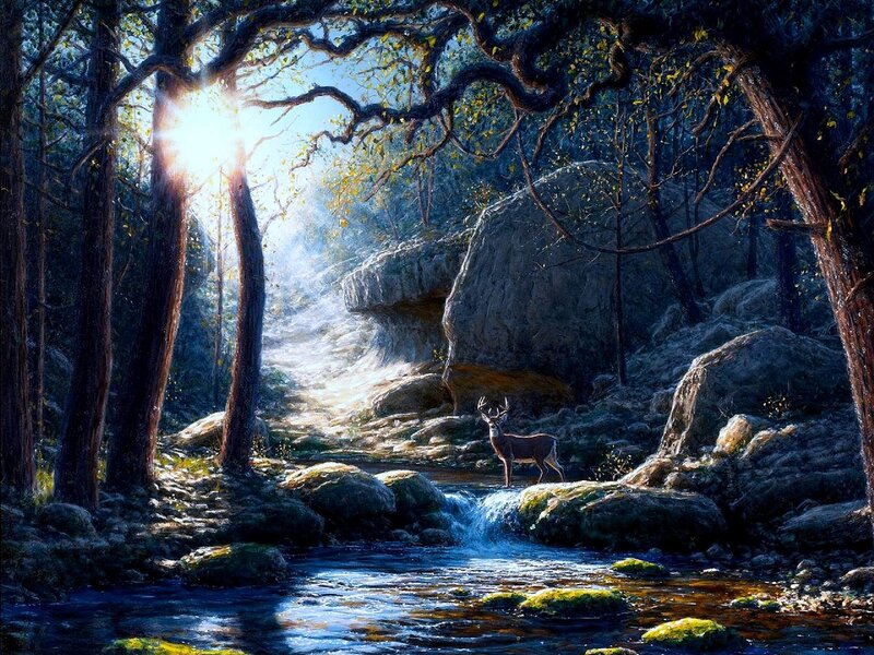 Deer by a Stream — Blue, Serene