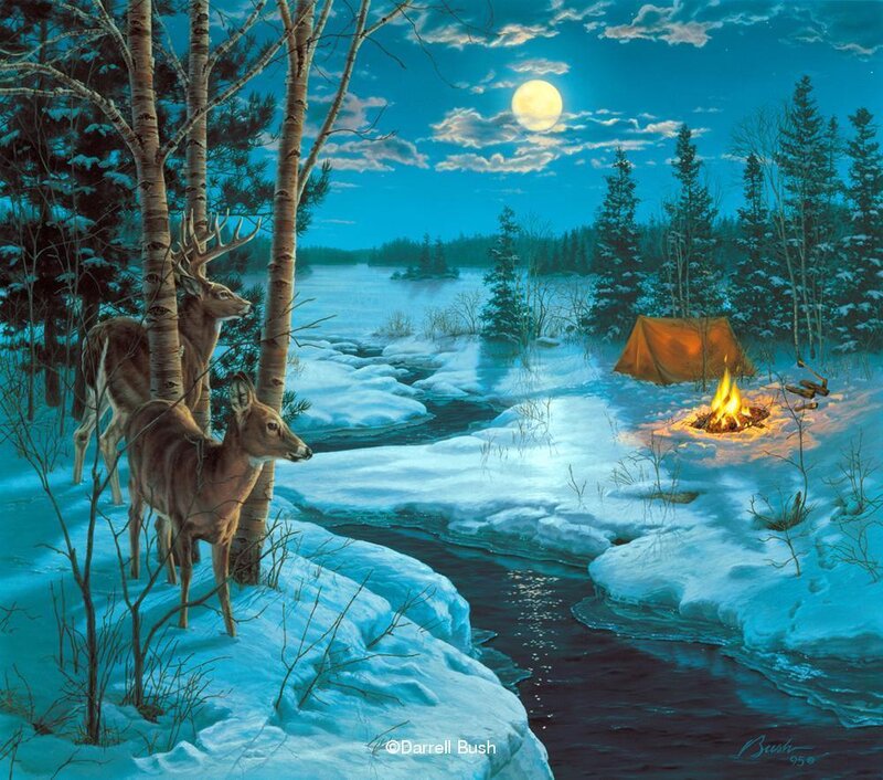 Deer by Moonlit Campfire