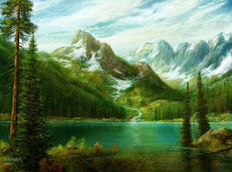 Deer by Mountain Lake — Green