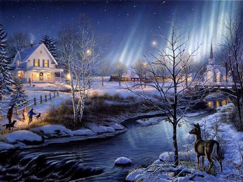 Deer by River at Night — Blue, Serene, Illustration