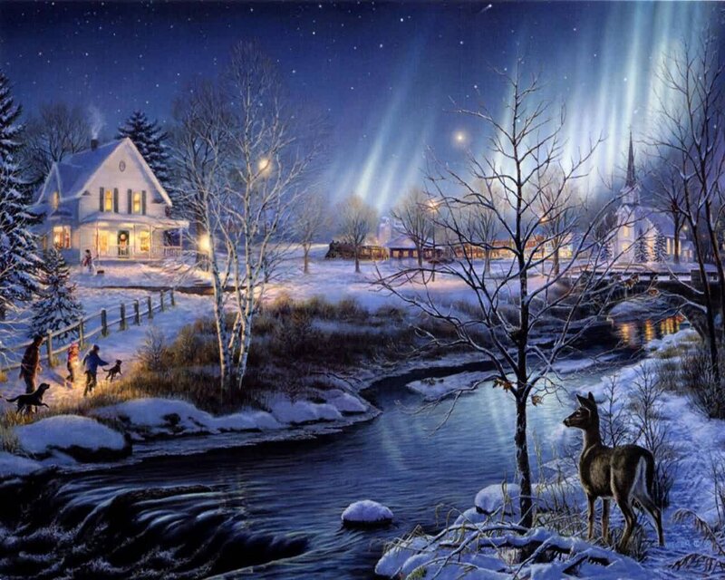 Deer by River at Night — Blue, Serene, Painting, House, Church