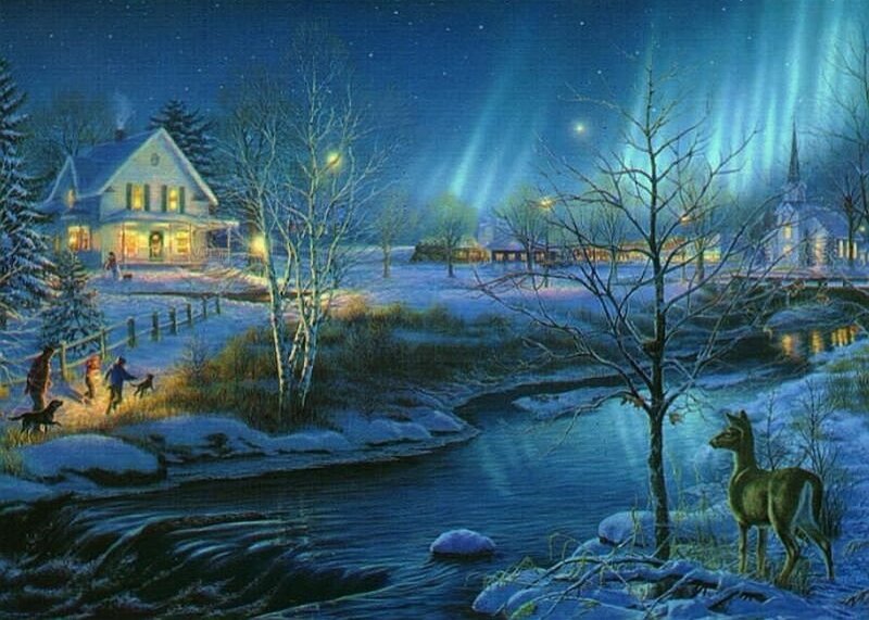 Deer by River at Night — Blue, Serene, Painting