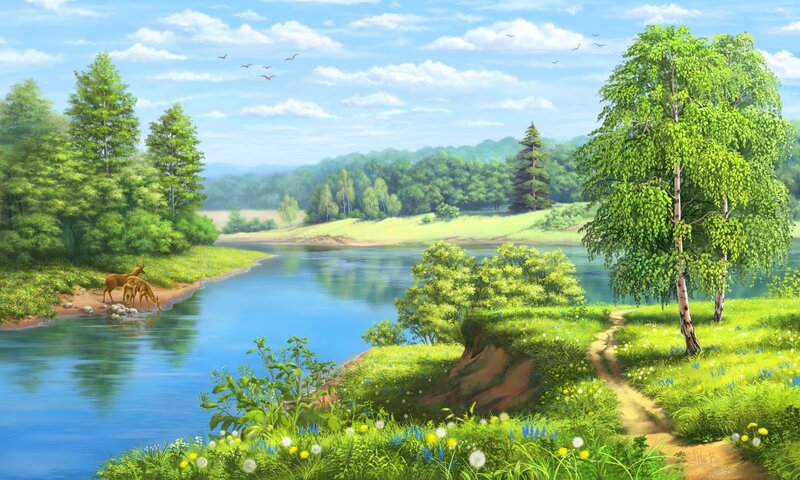 Deer Drinking from River — Blue