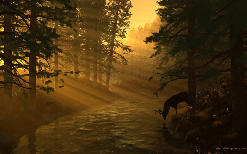 Deer Drinking from River — Gold, Serene