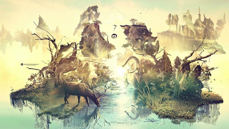Deer Drinking from River — Yellow