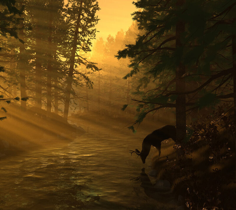 Deer Drinking from Stream — Gold, Serene