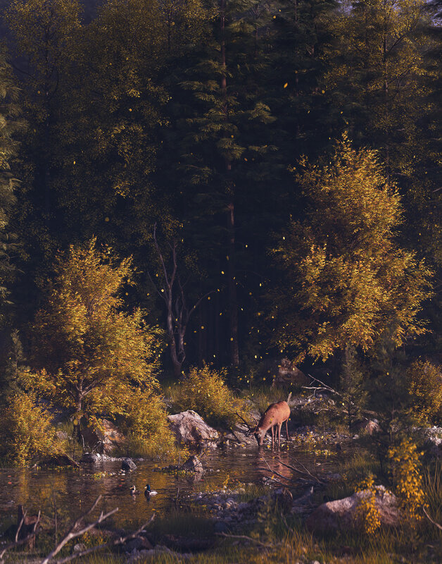 Deer Drinking from Stream — Green, Serene, Autumn, 3d Render