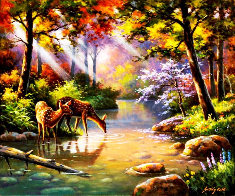 Deer Drinking from Stream — Green, Serene, Autumn