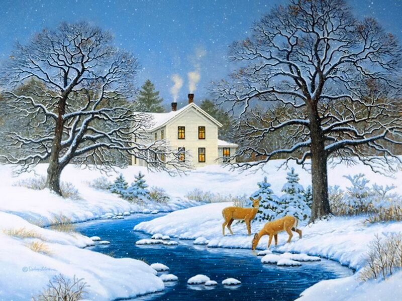 Deer Drinking from Stream — White