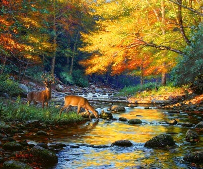 Deer Drinking from Stream — Yellow, Serene, Autumn, Painting
