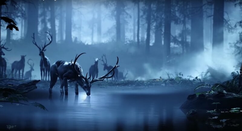 Deer Drinking Water — Blue, Mysterious