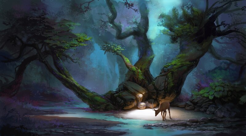 Deer Drinking Water — Blue, Serene