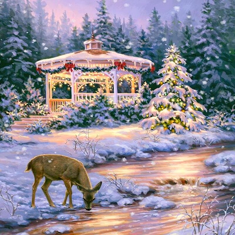 Deer Drinking Water — White
