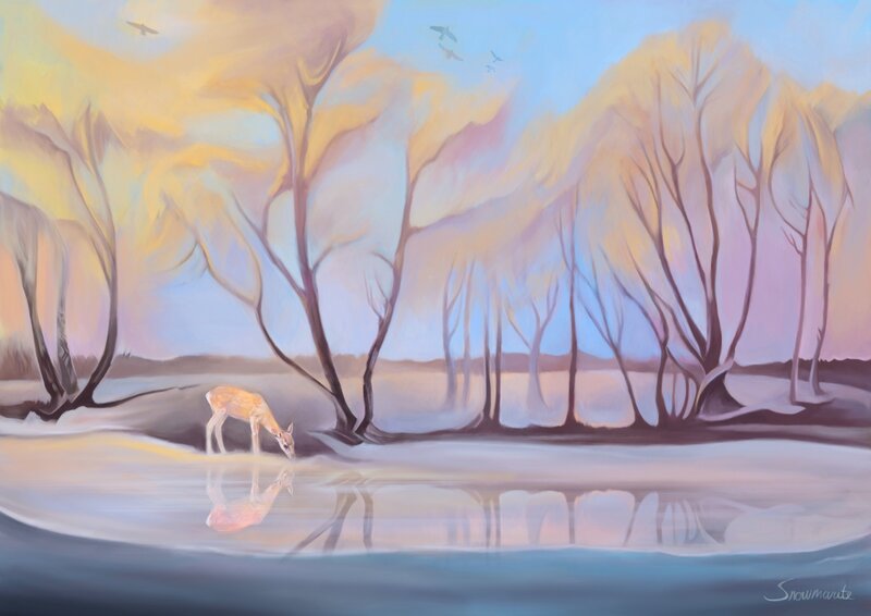 Deer Drinking Water — Yellow, Serene
