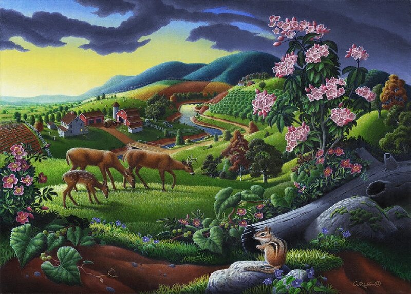 Deer Family in Field — Green, Serene, Sunset