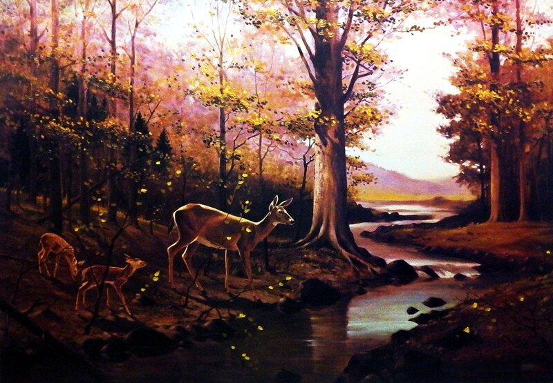 Deer Family in Forest — Brown, Serene, Autumn, Painting