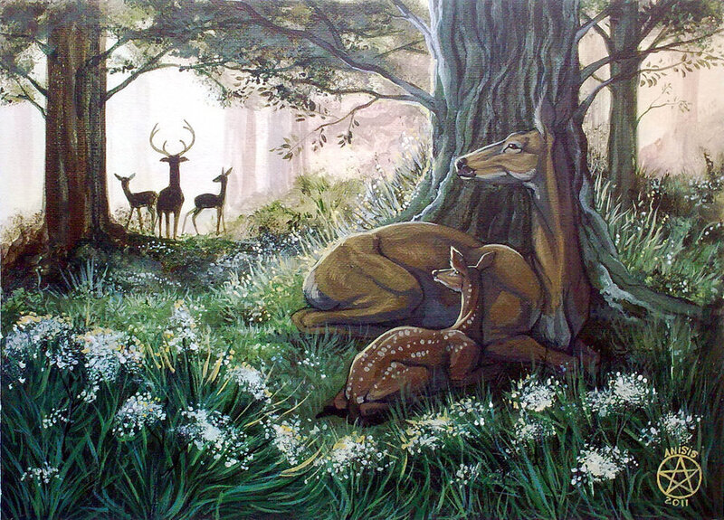 Deer Family in Forest — Green