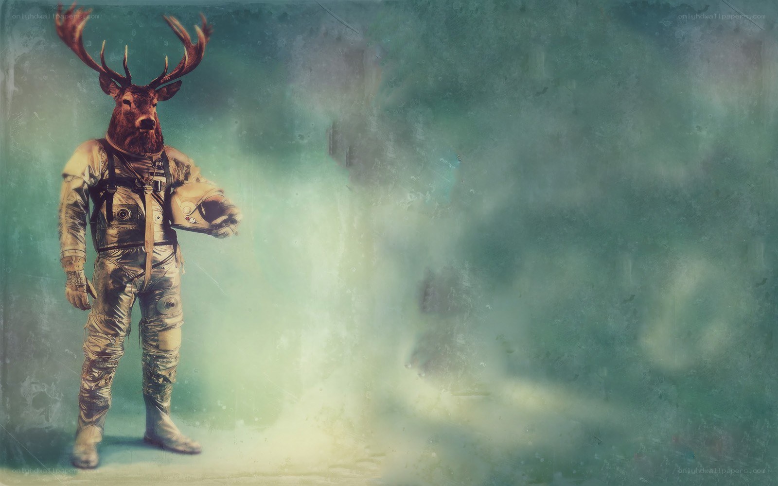 deer-headed astronaut in mist