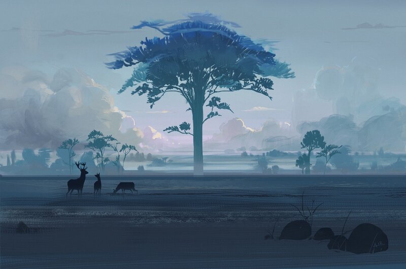 Deer in a Field — Blue, Serene, Morning