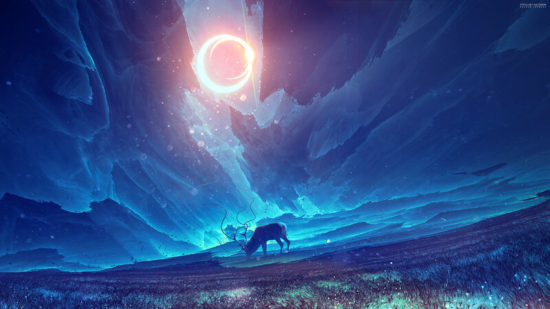 Deer in a Field — Blue, Serene, Night, Digital Art